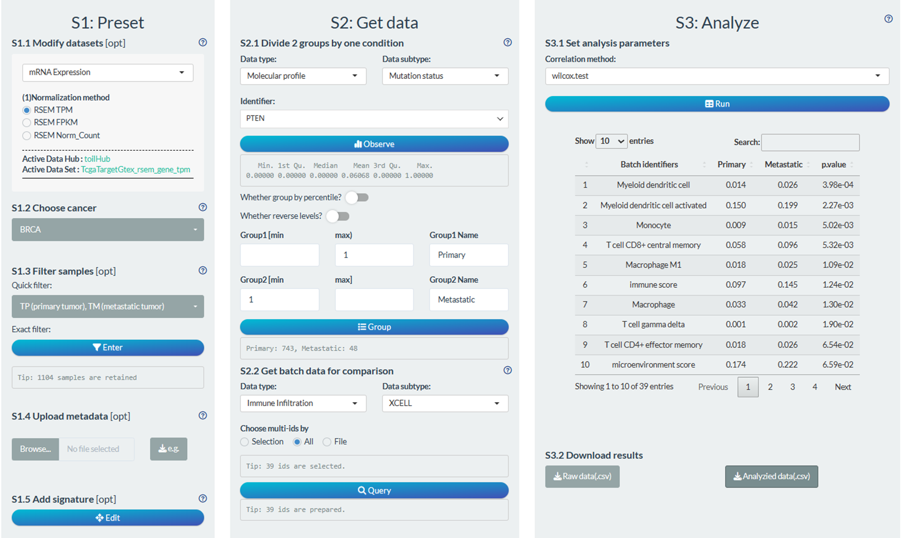 Example of comparison analysis in batch screen mode